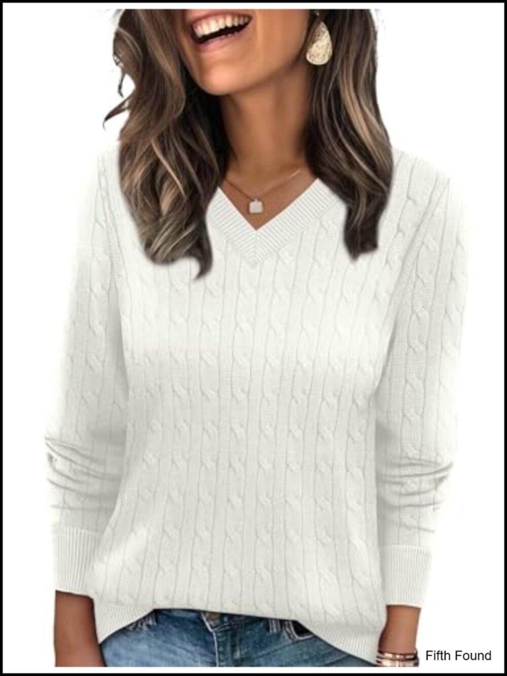 V Neck Cable Knit Long Sleeve Pullover Sweater